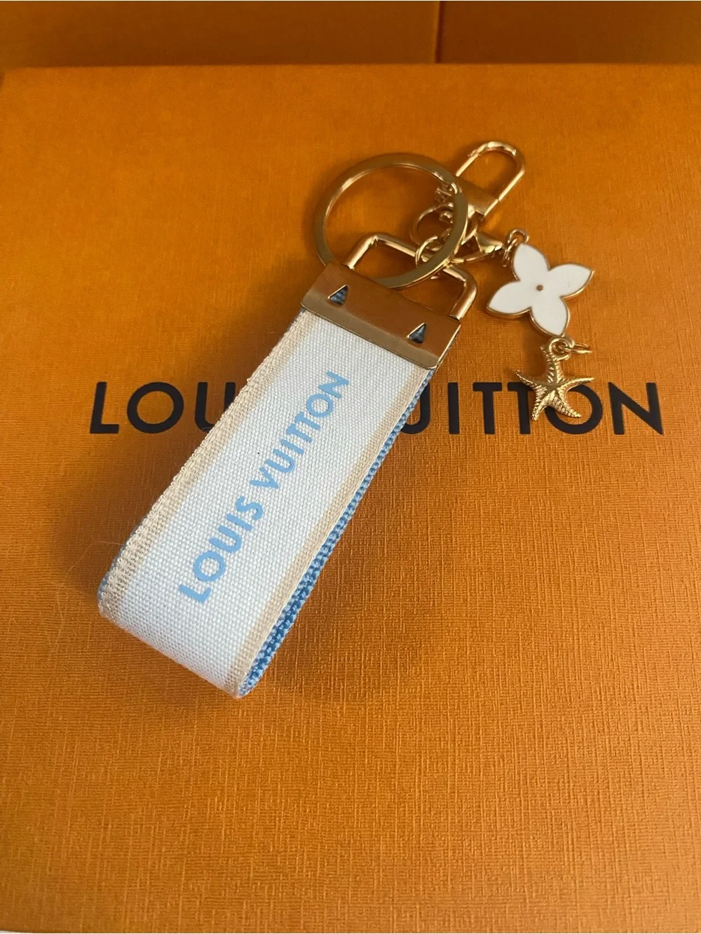 Louis Vuitton White and Light Blue Ribbon Keyring with Gold Hardware